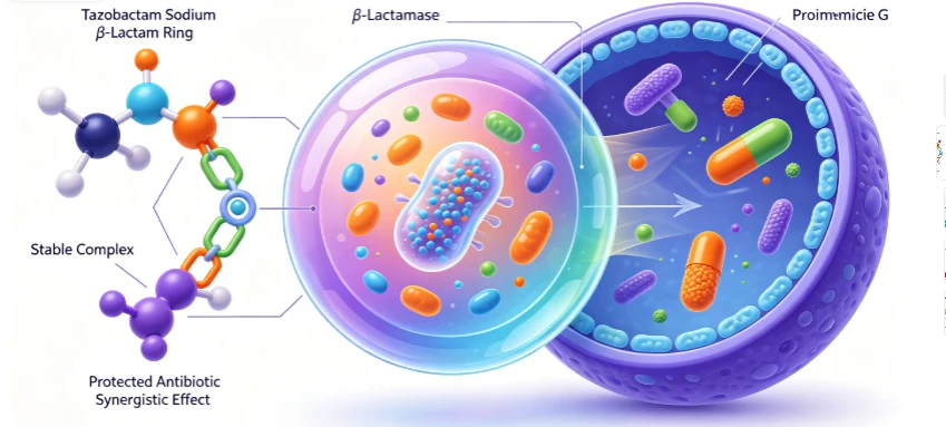 The mechanism of action of Tazobactam sodium The mechanism of action of Tazobactam sodium